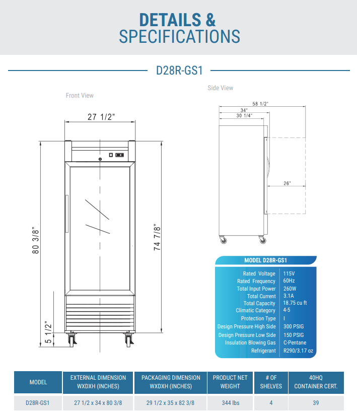 D28R-GS1 Bottom Mount Glass Single Door Commercial Reach-in Refrigerator