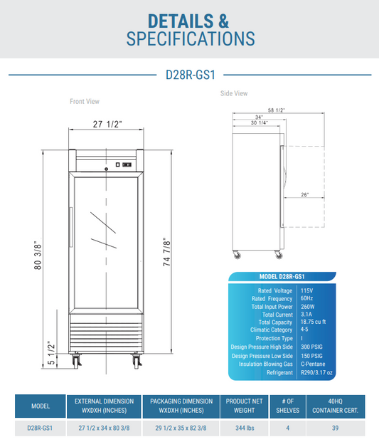 D28R-GS1 Bottom Mount Glass Single Door Commercial Reach-in Refrigerator