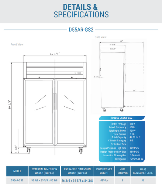D55AR-GS2 Top Mount Glass 2-Door Commercial Reach-in Refrigerator