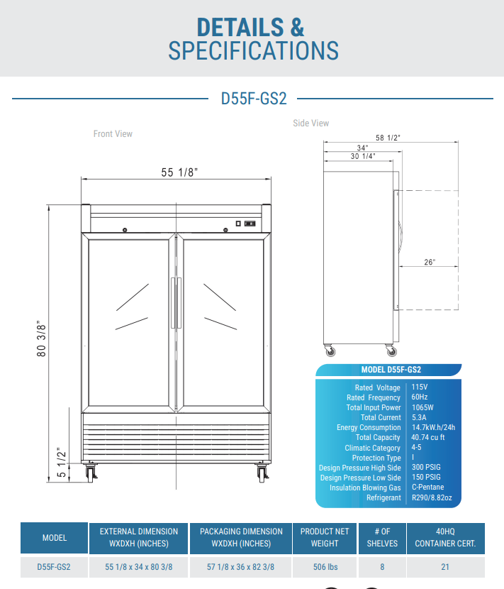 D55F-GS2 Bottom Mount Glass 2-Door Commercial Reach-in Freezer