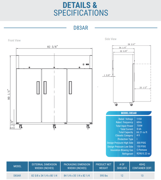 D83AR Commercial 3-Door Top Mount Refrigerator in Stainless Steel