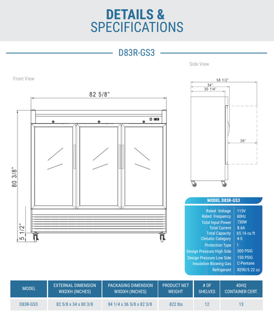 D83R-GS3 Bottom Mount Glass 3-Door Commercial Reach-in Refrigerator