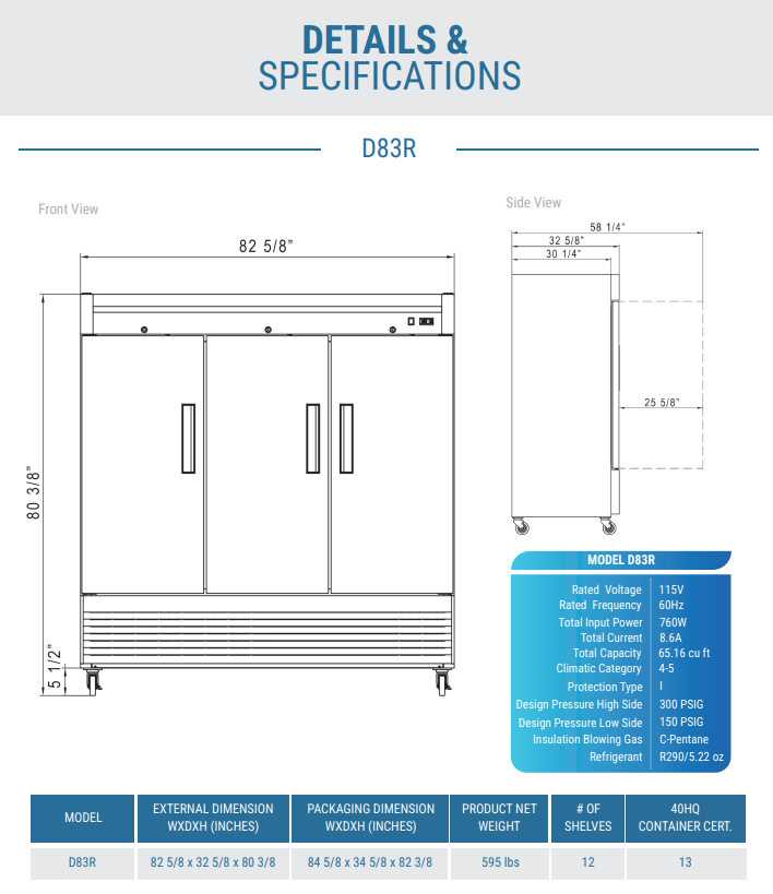 D83R 3-Door Commercial Refrigerator in Stainless Steel