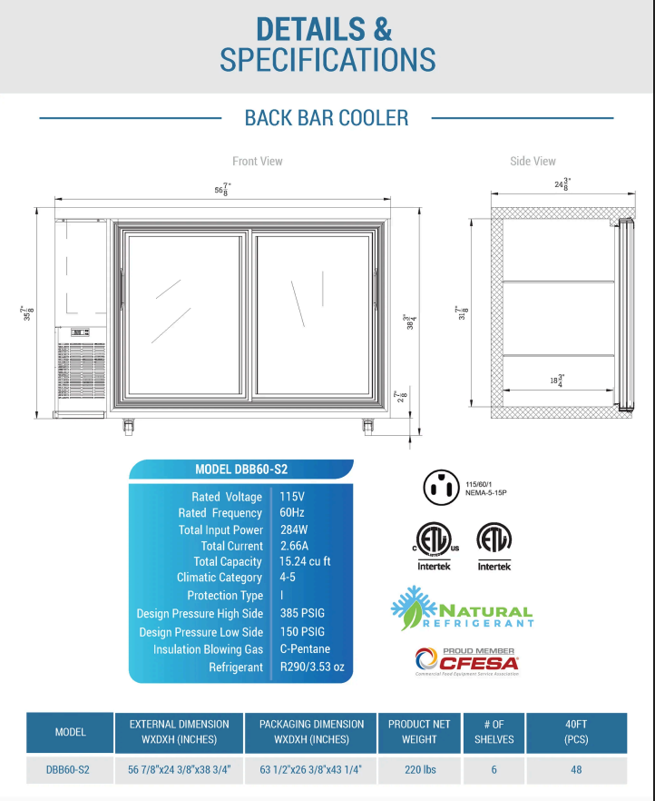 DBB60-S2 2 Door Bar and Beverage Cooler (Sliding Doors)