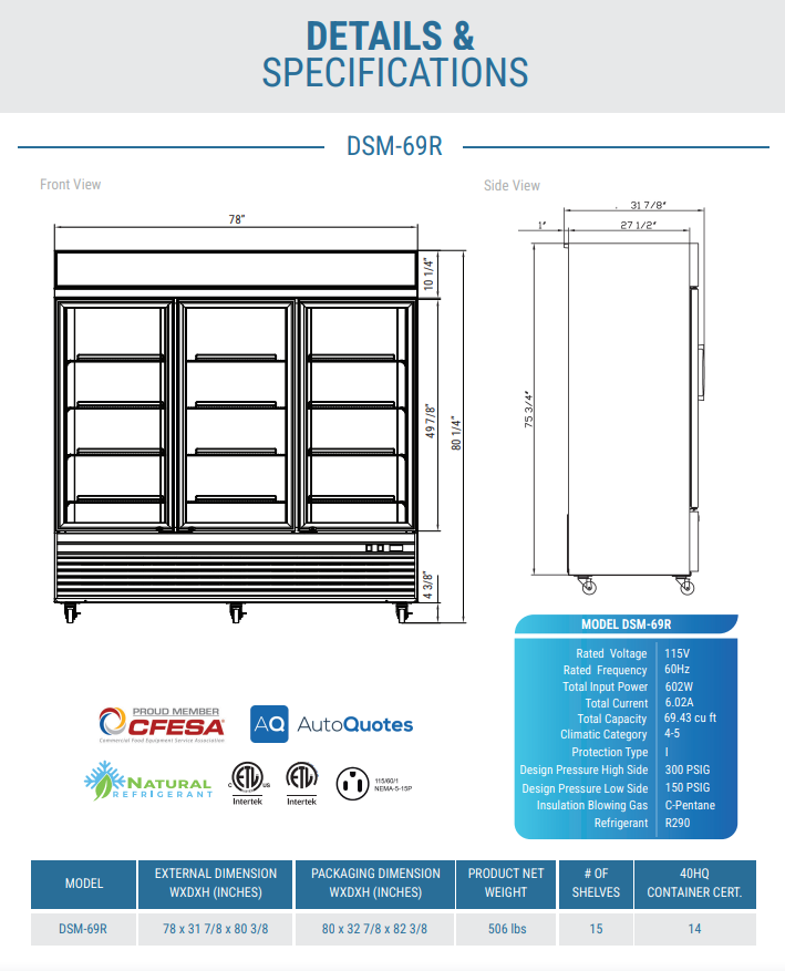DSM-69R Commercial Glass Swing 3-Door Merchandiser Refrigerato