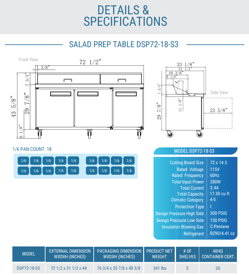 DSP72-18-S3 3-Door Commercial Food Prep Table Refrigerator in Stainless Steel