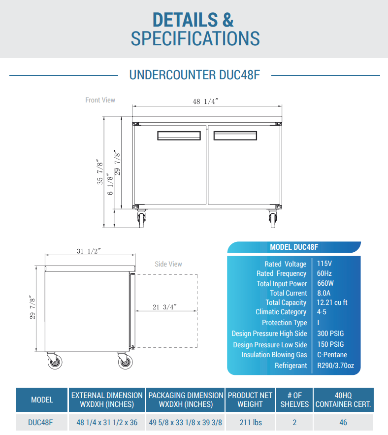 DUC48F 2-Door 48 1/4" Undercounter Freezer in Stainless Steel