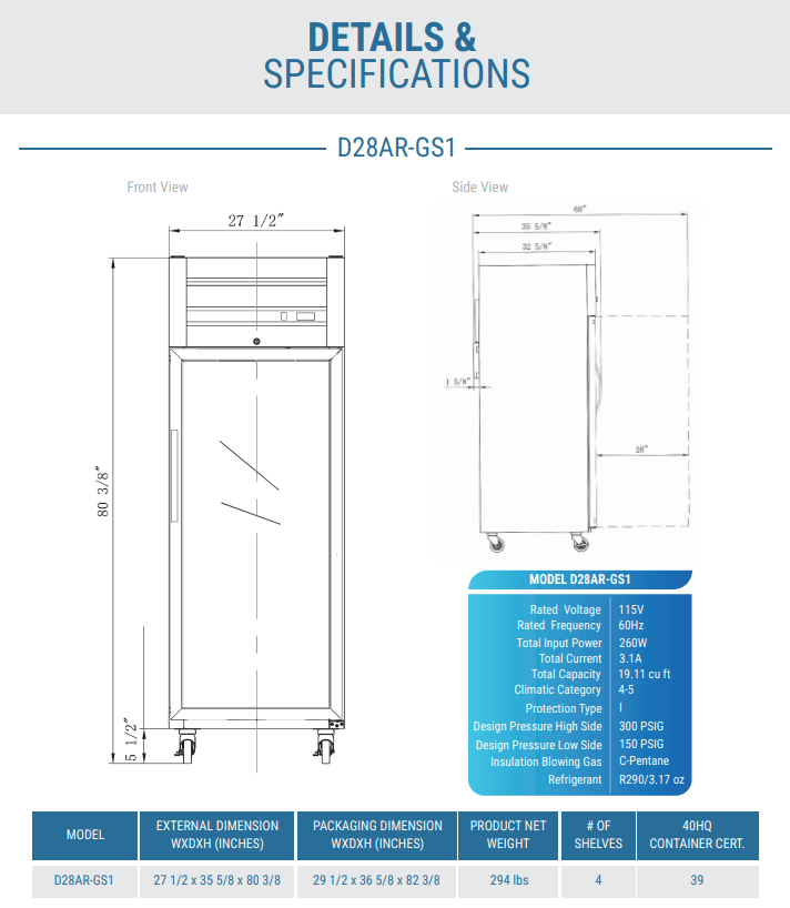 D28AR-GS1 Top Mount Single Glass Door Commercial Reach-in Refrigerator