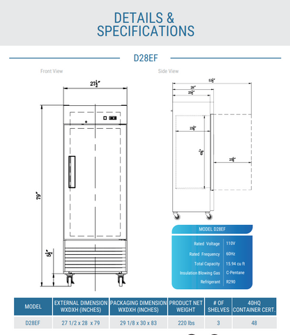 D28EF Compact Single Door Commercial Freezer in Stainless Steel