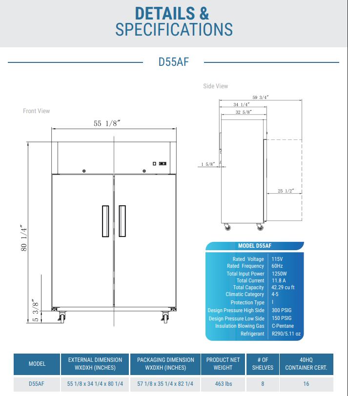 D55AF Commercial 2-Door Top Mount Freezer in Stainless Steel