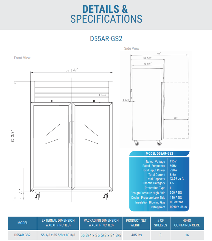 D55AR-GS2 Top Mount Glass 2-Door Commercial Reach-in Refrigerator