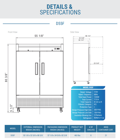 D55F 2-Door Commercial Freezer in Stainless Steel