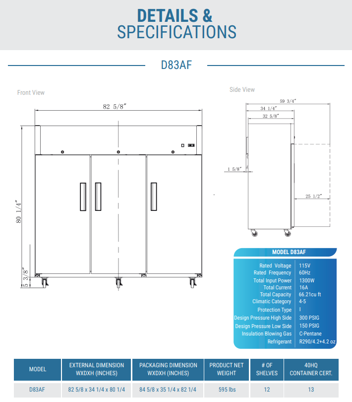 D83AF Commercial 3-Door Top Mount Freezer in Stainless Steel