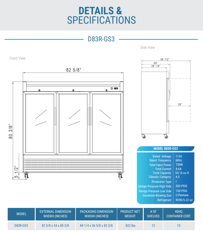 D83R-GS3 Bottom Mount Glass 3-Door Commercial Reach-in Refrigerator