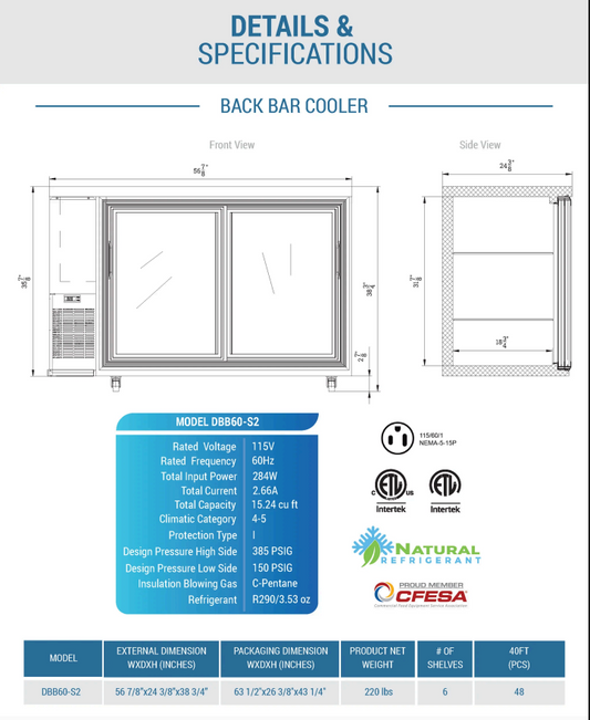 DBB60-S2 2 Door Bar and Beverage Cooler (Sliding Doors)