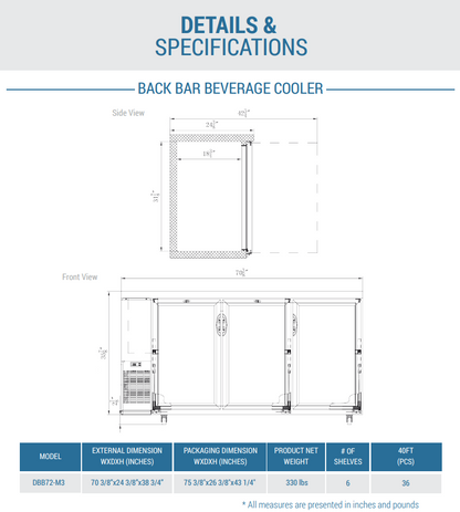 DBB72-M3 3-Door Bar and Beverage Cooler (Solid Doors)