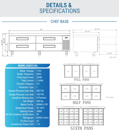 Dukers DCB72-D4 72" Chef Base w/ (4) Drawers - 115v
