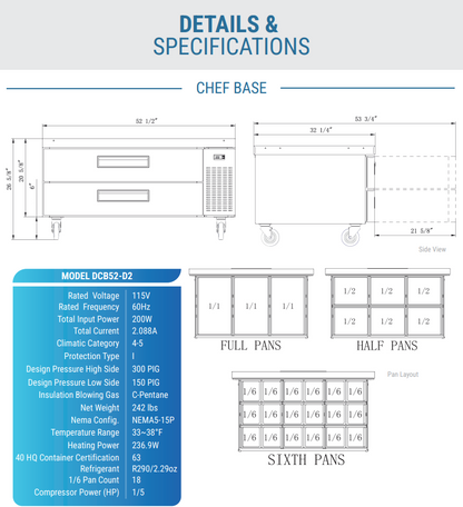 Dukers DCB52-D2 52 1/2" Chef Base w/ (2) Drawers - 115v