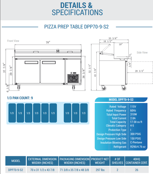 DPP70-9-S2 Commercial 2-Door Pizza Prep Table Refrigerator