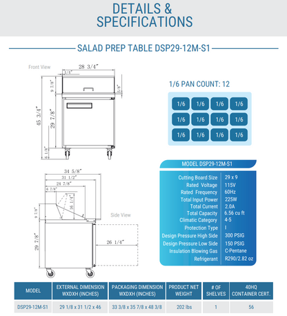 DSP29-12M-S1 1-Door Commercial Food Prep Table Refrigerator in Stainless Steel with Mega Top