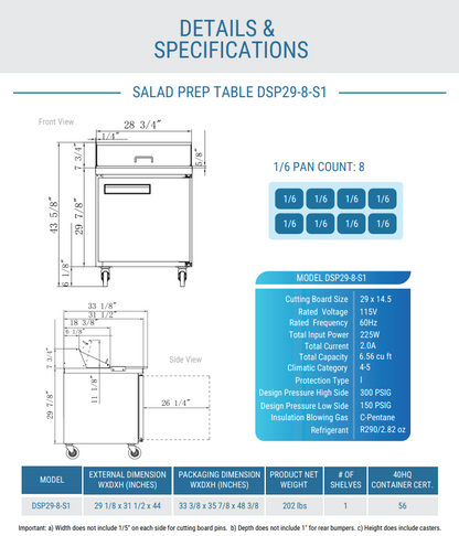 DSP29-8-S1 1-Door Commercial Food Prep Table Refrigerator in Stainless Steel