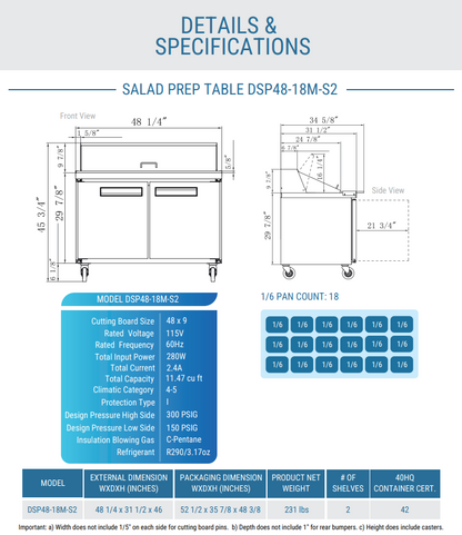 DSP48-18M-S2 2-Door Commercial Food Prep Table Refrigerator in Stainless Steel with Mega Top