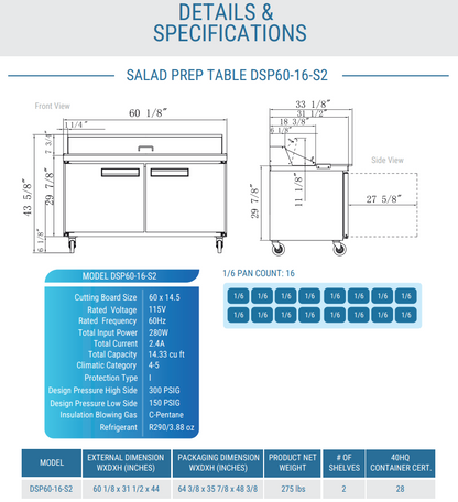 DSP60-16-S2 2-Door Commercial Food Prep Table Refrigerator in Stainless Steel