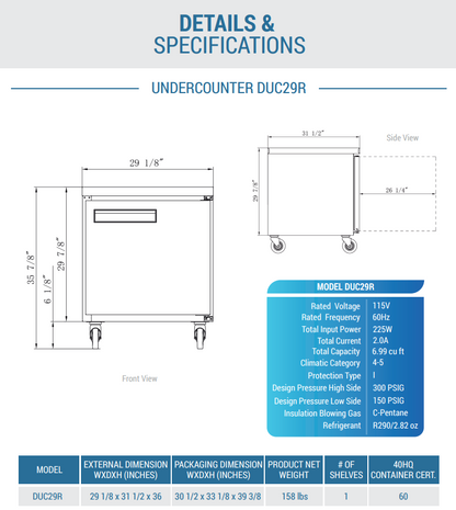 DUC29R 29"  Single Door Undercounter Refrigerator in Stainless Steel
