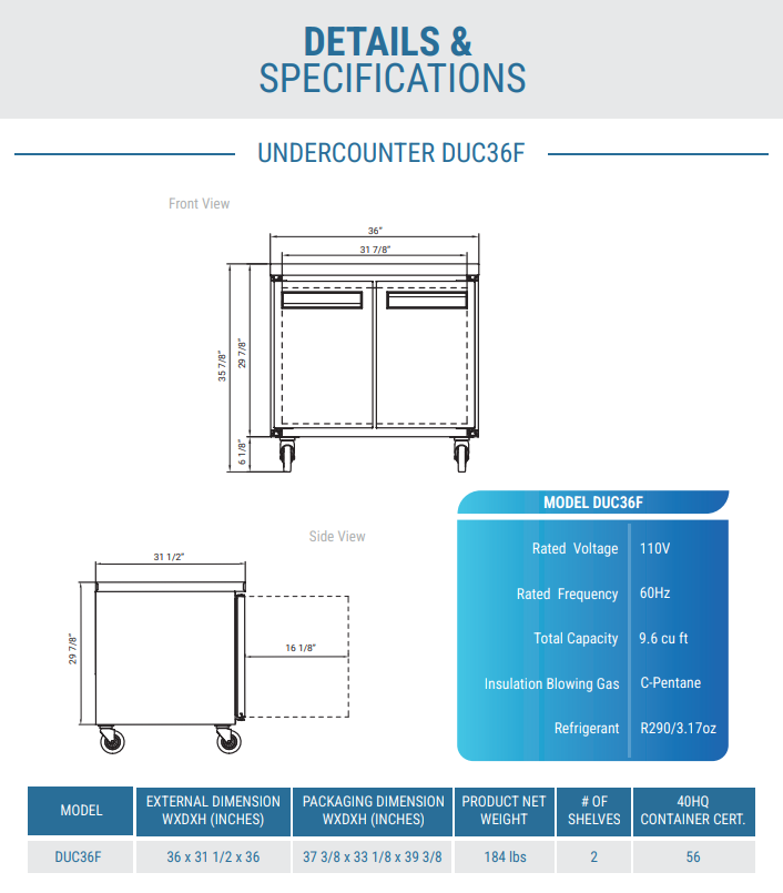 DUC36F 2-Door 36" Undercounter Freezer in Stainless Steel