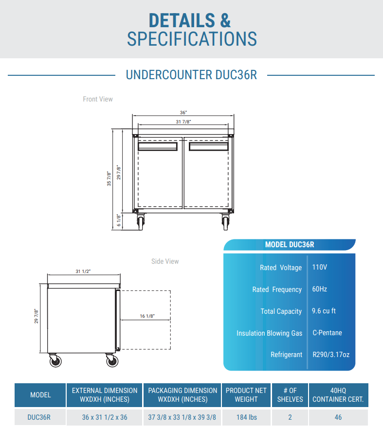 DUC36R 2-Door 36" Undercounter Refrigerator in Stainless Steel