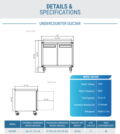 DUC36R 2-Door 36" Undercounter Refrigerator in Stainless Steel