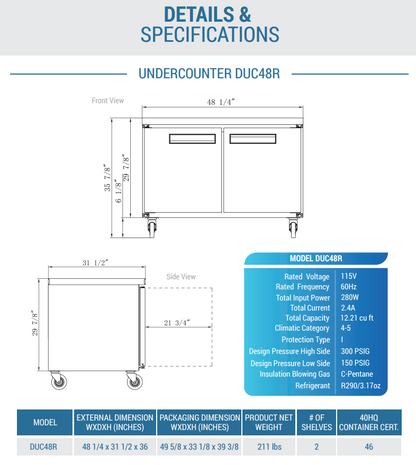 DUC48R 2-Door 48 1/4"  Undercounter Refrigerator in Stainless Steel