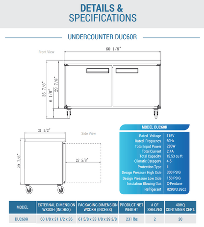 DUC60R 2-Door 60 1/8" Undercounter Commercial Refrigerator in Stainless Steel