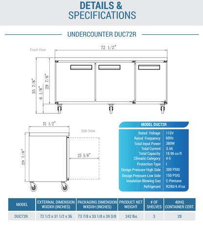 DUC72R 3-Door 72 1/2" Undercounter Commercial Refrigerator in Stainless Steel