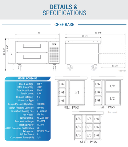 Dukers DCB36-D2 36" Chef Base w/ (2) Drawers - 115v